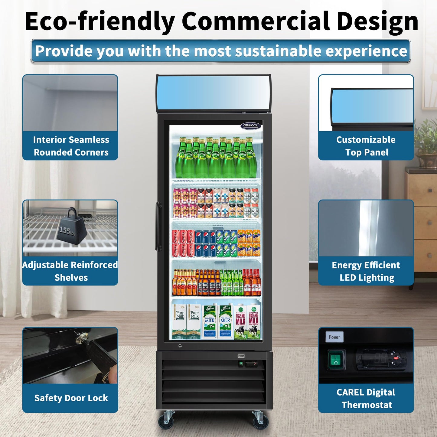 19.3 Cu.ft Commercial Refrigerators Glass Door Display Beverage Refrigerators Commercial with Adjustable Reinforced Shelves and Defrost System,LED Light,for Restaurant Grocery Stores Home,Black