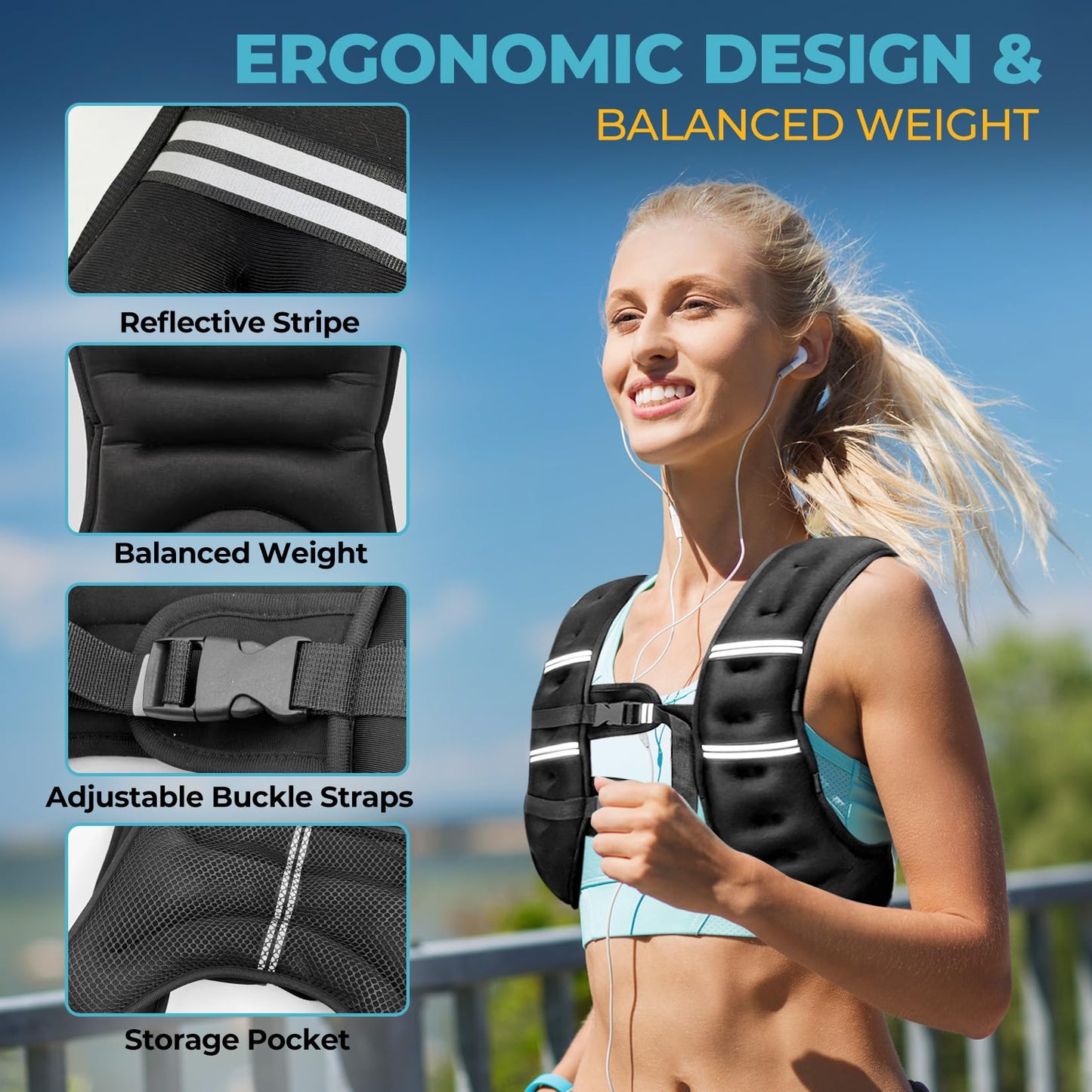 Weighted Vest, 8lb/12lb/16lb/20lb Weight Vest with Reflective Stripes for Men Women, Two Adjustment Straps for Workout, Strength Training, Running, Fitness, Muscle Building, Weight Loss (12lb)