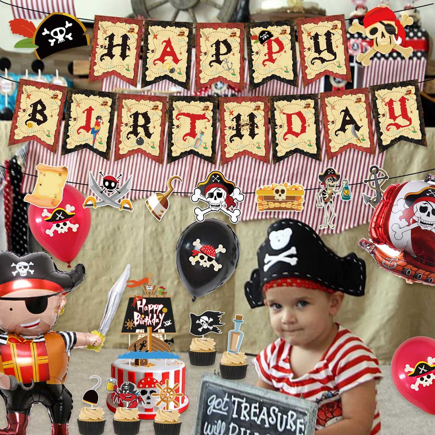 Chilfamy Pirate Party Decorations, Pirate Theme Party Supplies with Happy Birthday Banner, Pirate Garland Signs, Cake Toppers, Pirate Captain Ship Balloons Set for Adults Kids Pirate Party Favors