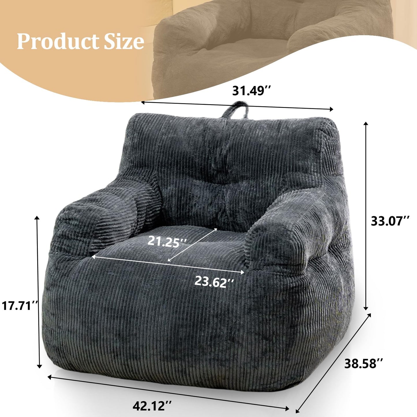 Stmoze Giant Bean Bag Chair, Faux Fur Large Bean Bag Chair for Adults, Fluffy and Comfy Giant Bean Bag Chair with Filler, Big Bean Bag Sofa Chair for Reading, Gaming, Grey