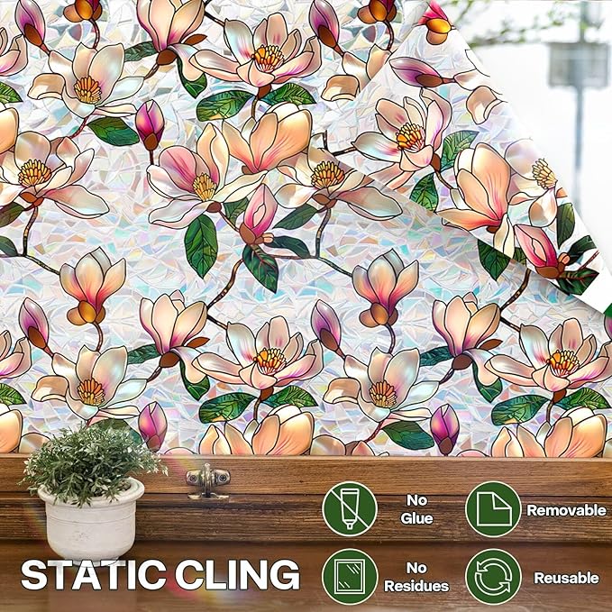 Floral Stained Glass Window Film, Static Cling Rainbow Privacy Film Sun Blocking, Removable Window Films for Bathroom Bedroom Living Room Sunroof, 17 x 78.74 Inch