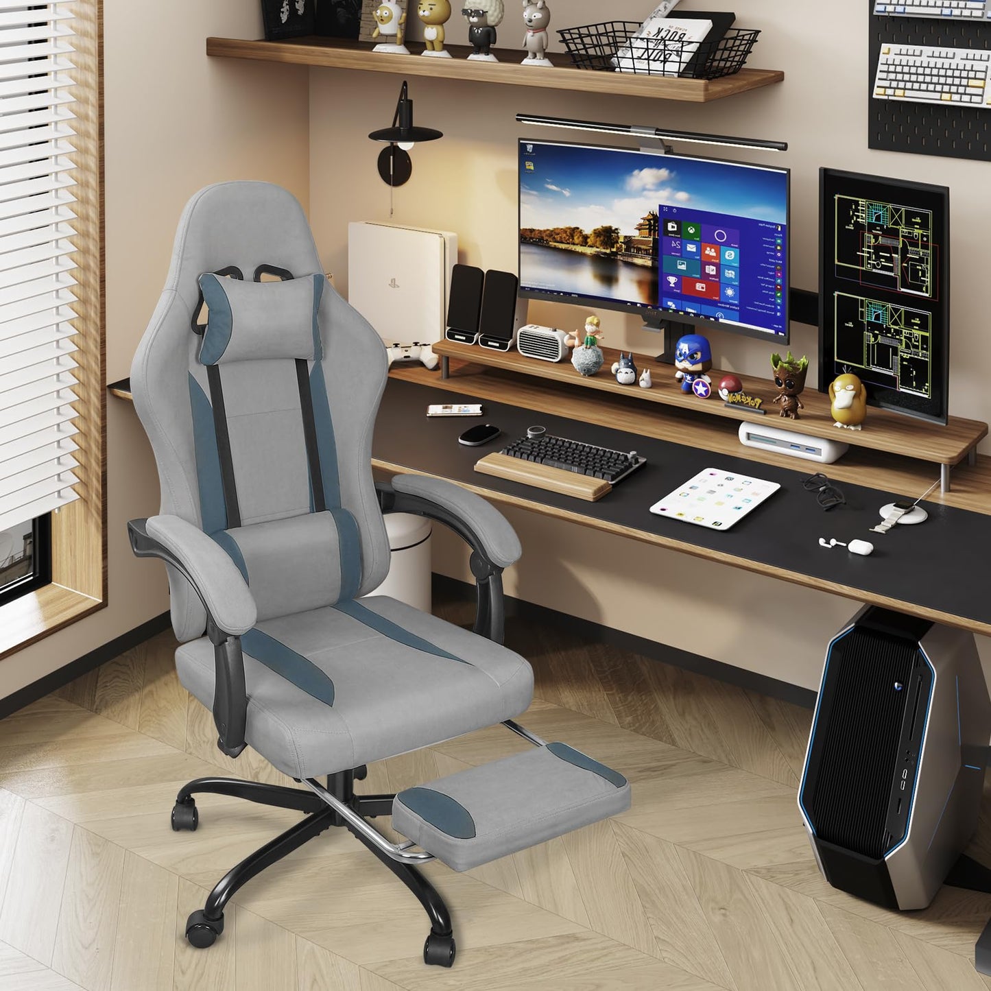 ErgoDesign Breathable Fabric Gaming Chair with Footrest, Height Adjustable Game Chair, Video Gaming Chair for Gaming Room, Living Room and Office - Light Grey/Blue