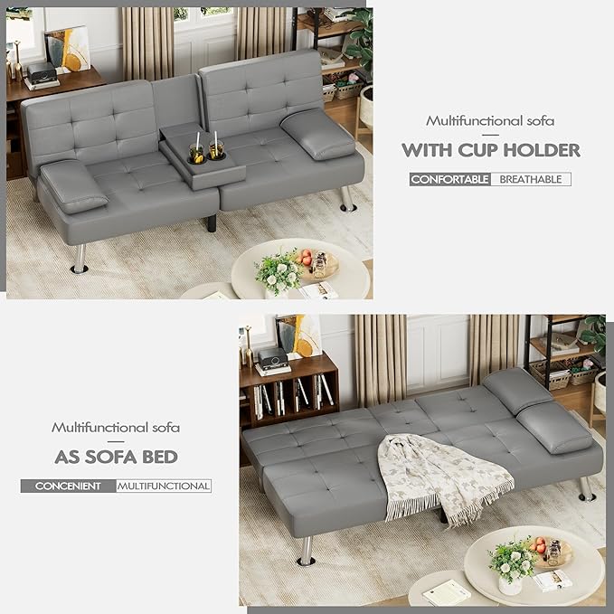 JUMMICO Faux Leather Futon Sofa Bed Futon Couch with Removable Armrests Adjustable Sleeper Sofa Bed with 2 Cup Holders for Living Room (PU Leather, Grey)