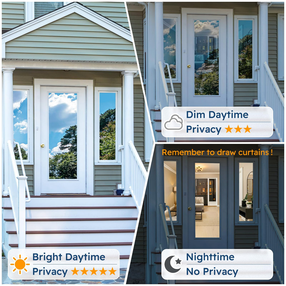 rabbitgoo Window Tint for Home One Way Privacy Window Film See Out Not in Heat UV Blocking Reflective Removable Static Cling Mirror Decorative House Glass Covering, Black Silver, 17.5 Inch X 6.5 Feet