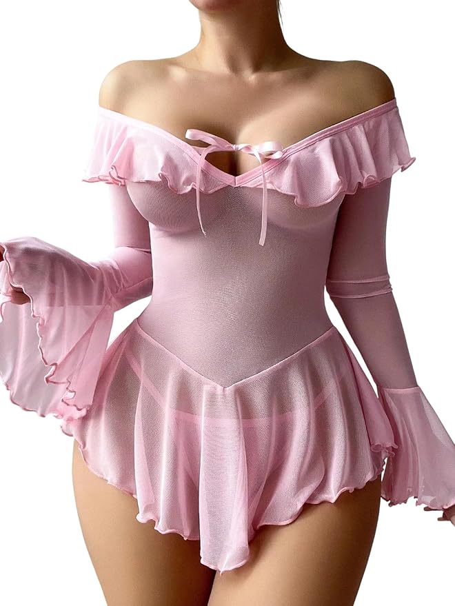Neohouny Sexy Lingerie for Women Rave Outfits Clubwear See Through Lingerie Sets Bell Sleeve Ruffle Mesh Tops