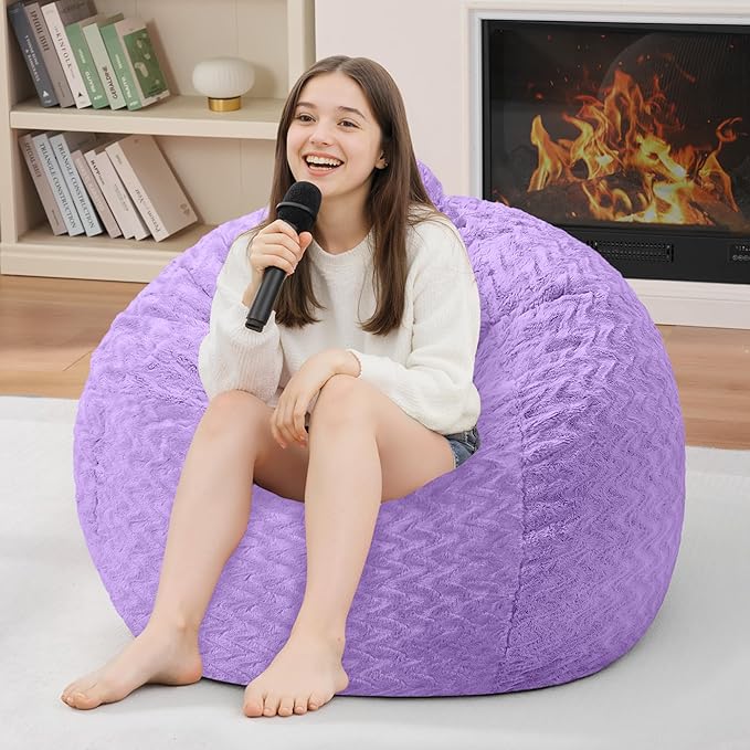 2FT Bean Bag Chair,Giant Bean Bag Chairs for Adults,Big Bean Bags with Memory Foam Filled, Large Beanbag Chairs with Chevron Plush Cover-Purple