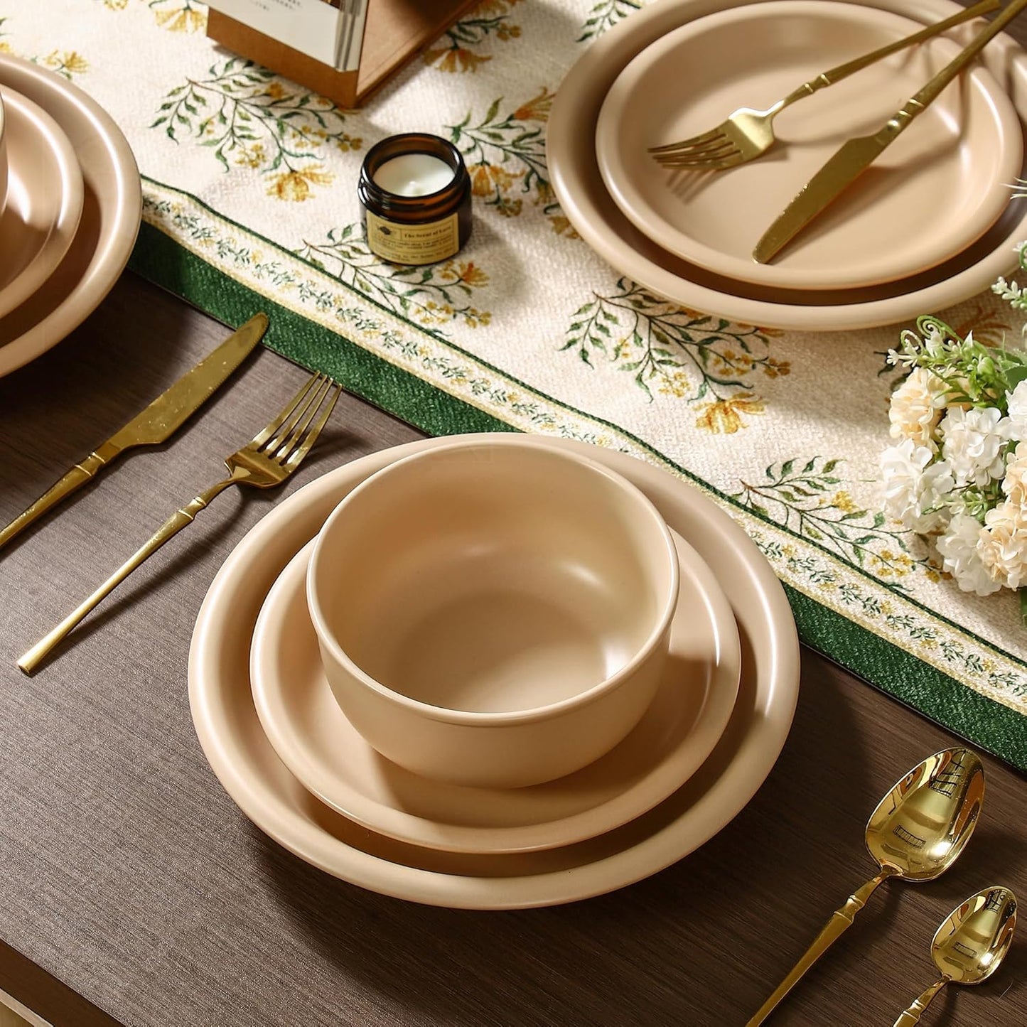 GZG Vintage Series - Ceramic Dinnerware Set for 2, 6 Pieces Stoneware Plates and Bowls Set, Lead-Free, Handcrafted Dishes Set, Microwave & Dishwasher Safe - Warm Apricot
