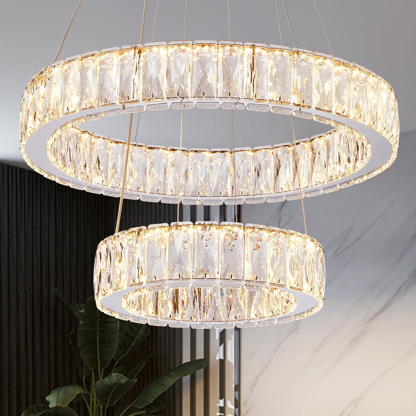 Depuley Modern LED Crystal Chandelier: 11.8" + 19.7" Rings Dimmable Pendant Light Adjustable for Dining Room - 42W Double-Decker Round Crystal Chandeliers for Bedroom Living Room Porch Foyer