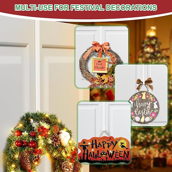 15" Reversible Wreath Hangers for Front Door, Fit Most Doors up to 1-3/4", Heavy Duty Steel Over The Door Hooks Hold up to 80 LBS for Holiday Christmas & Halloween Wreaths, Indoor Decor (White, 2 PCS)