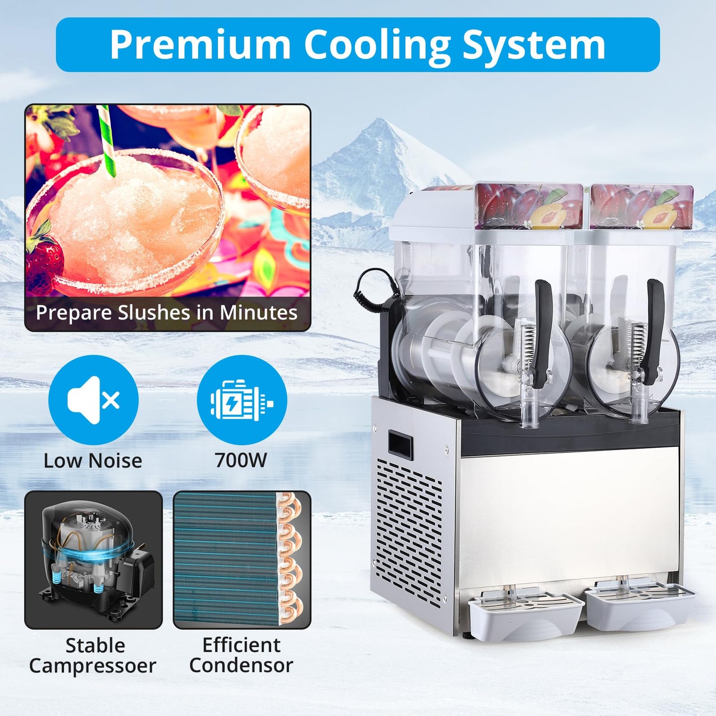 15L Dual-Tank Stainless Steel Slushy Machine, 700W Frozen Drink Maker with Auto-Clean Feature, Suitable for Restaurants, Bars, and Home Use, White