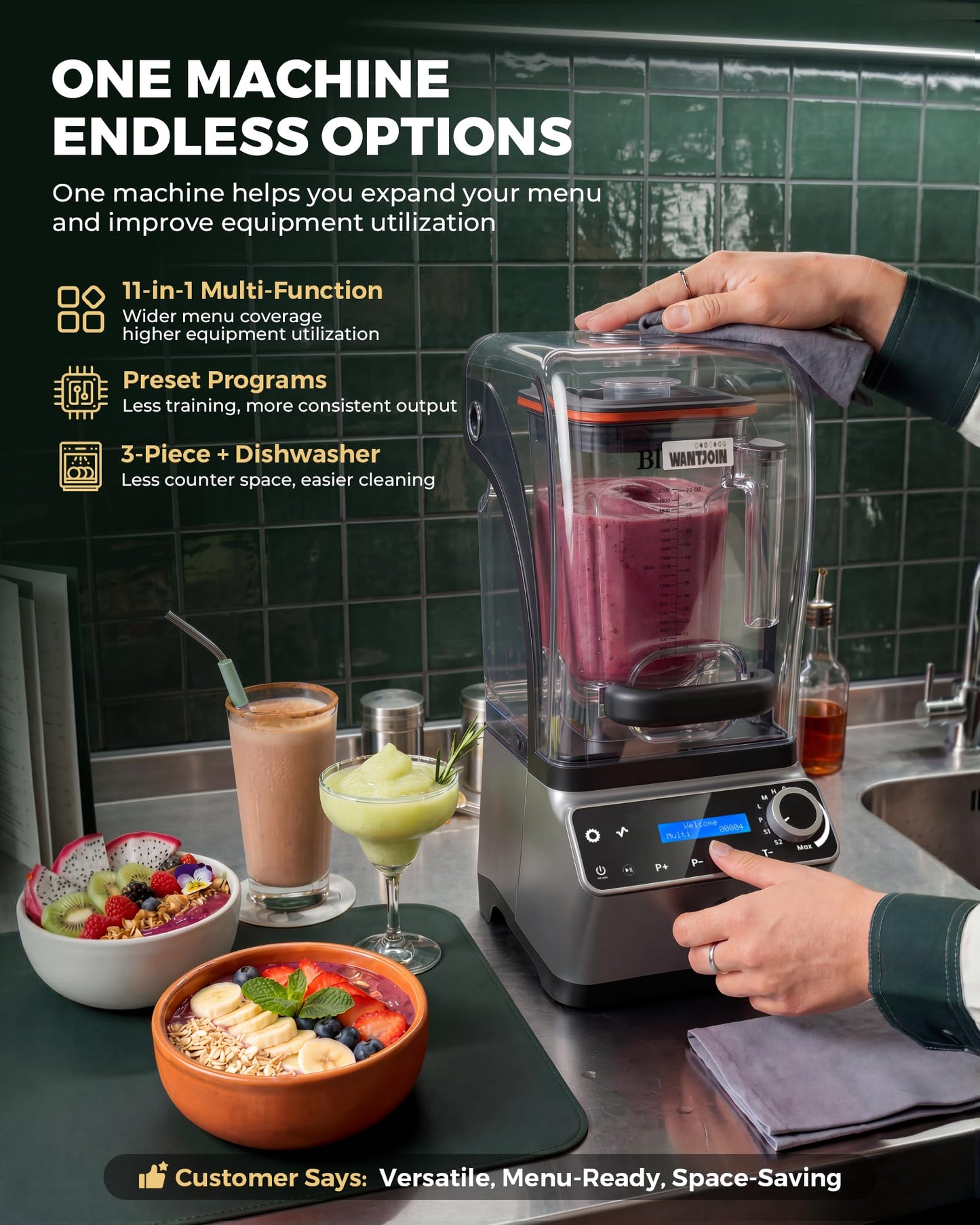 WantJoin Commercial Blender - 68 oz Quiet Blender for Smoothies with LED Touch Panel & Sound Enclosure, 2200W Copper Motor, 30000RPM, 7 Speeds for Frozen Drinks, Juice, Soup