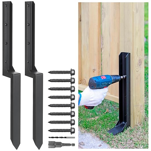 Epcee Heavy Duty Steel Repair Stakes, Anchor Ground Spike, for Repair Tilted/Broken Wood Fence Post (2 Pack/Black）
