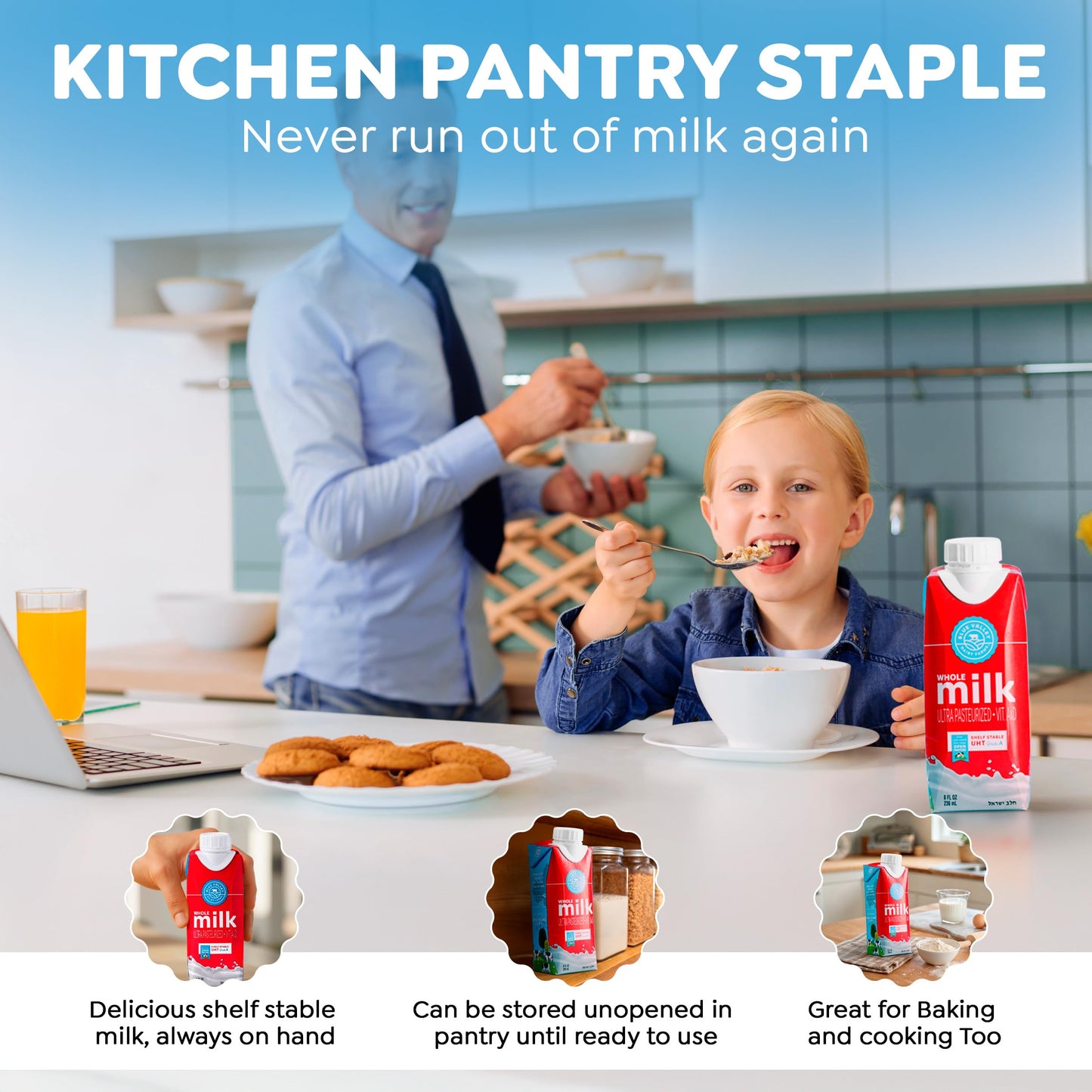 Blue Valley Shelf Stable Whole Milk Boxes with Vitamin D - no refrigeration needed 8 oz Singles (24 Pack) kosher Cholov Yisroel, UHT Pasteurized Tetra Pak Carton.