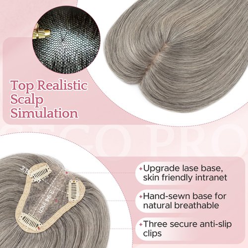 SEGO Pro Hair Toppers for Women Real Human Hair with No Bangs 3.1×3.9 Inch Silk Base Clip-In Topper Natural Looking Hairpieces for Women（8 Inch,Light Grey）