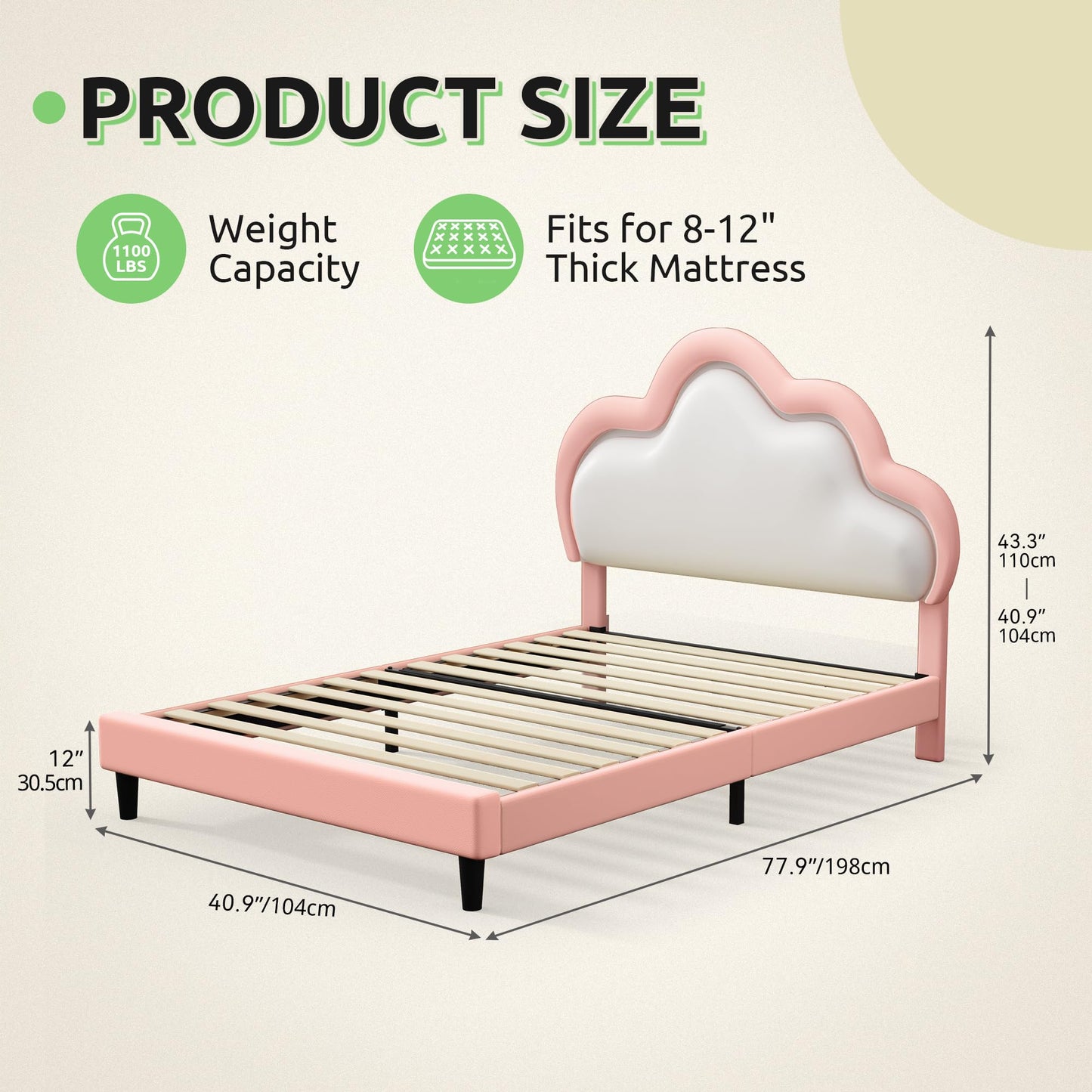 GOOBED Twin Size Bed Frame, Upholstered LED Bed Frame with Adjustable Cloud Headboard, Platform Bed Frame with Wooden Slats Support, No Box Spring Required, Easy Assembly, Pink