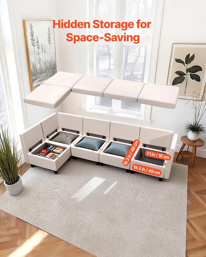 VEVOR Modular Sectional Sofa, Modern 5-Seater Modular Sofa with Hidden Storage, Customizable Cloud Sectional Couch, Solid Wood Frame Upholstered Comfy Couch for Living Room, Bedroom, Beige