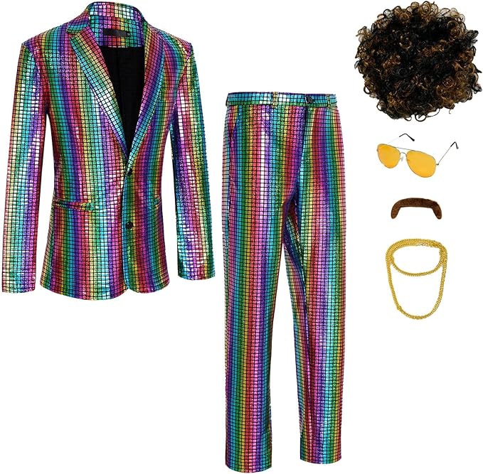 DZMDIP Men's 70s Disco Costume Shiny Metallic Sequin Suits Set Prom Party 2 Piece Outfits