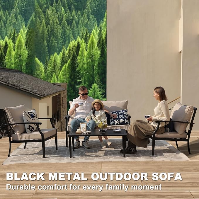 SunloungeCo 4-Piece Patio Furniture Set, Wider Outdoor Metal Seating Sofa with High Back & Loveseat, Coffee Table, All Weather Metal Conversation Set for Backyard, Poolside, Deck-Beige
