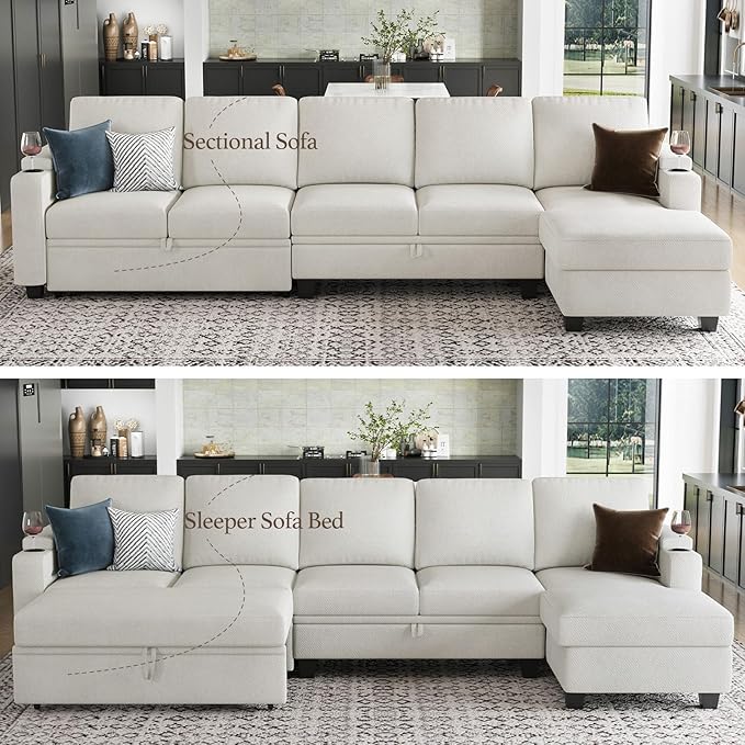 Belffin Modular Sectional Sleeper Sofa Bed with Storage Chaise L Shaped Sectional Couches for Living Room Armrest with Cup Holder. White Couch
