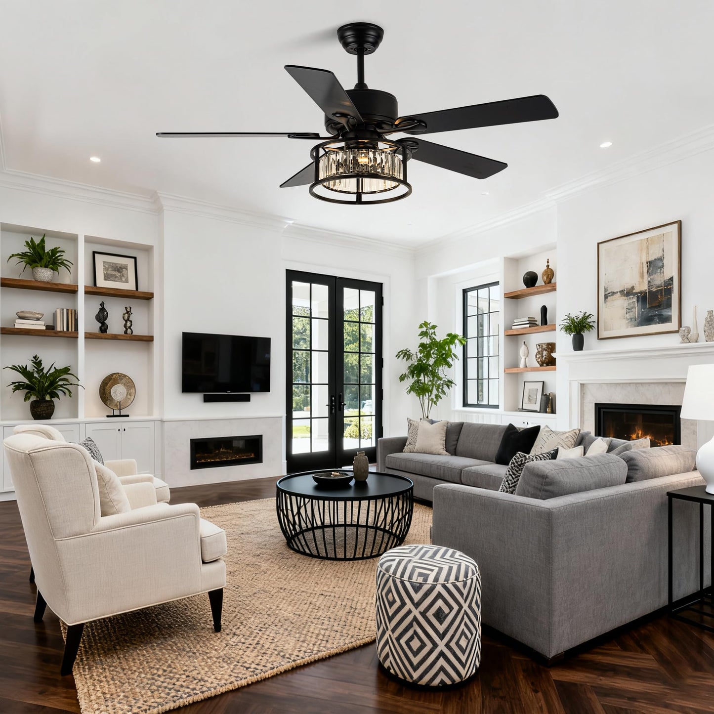 Dawn Whisper 52 Inch Chandelier Ceiling Fans with Lights and Remote Quiet and Reversible DC Motor Black Caged Modern Ceiling Fan for Bedroom Living Room
