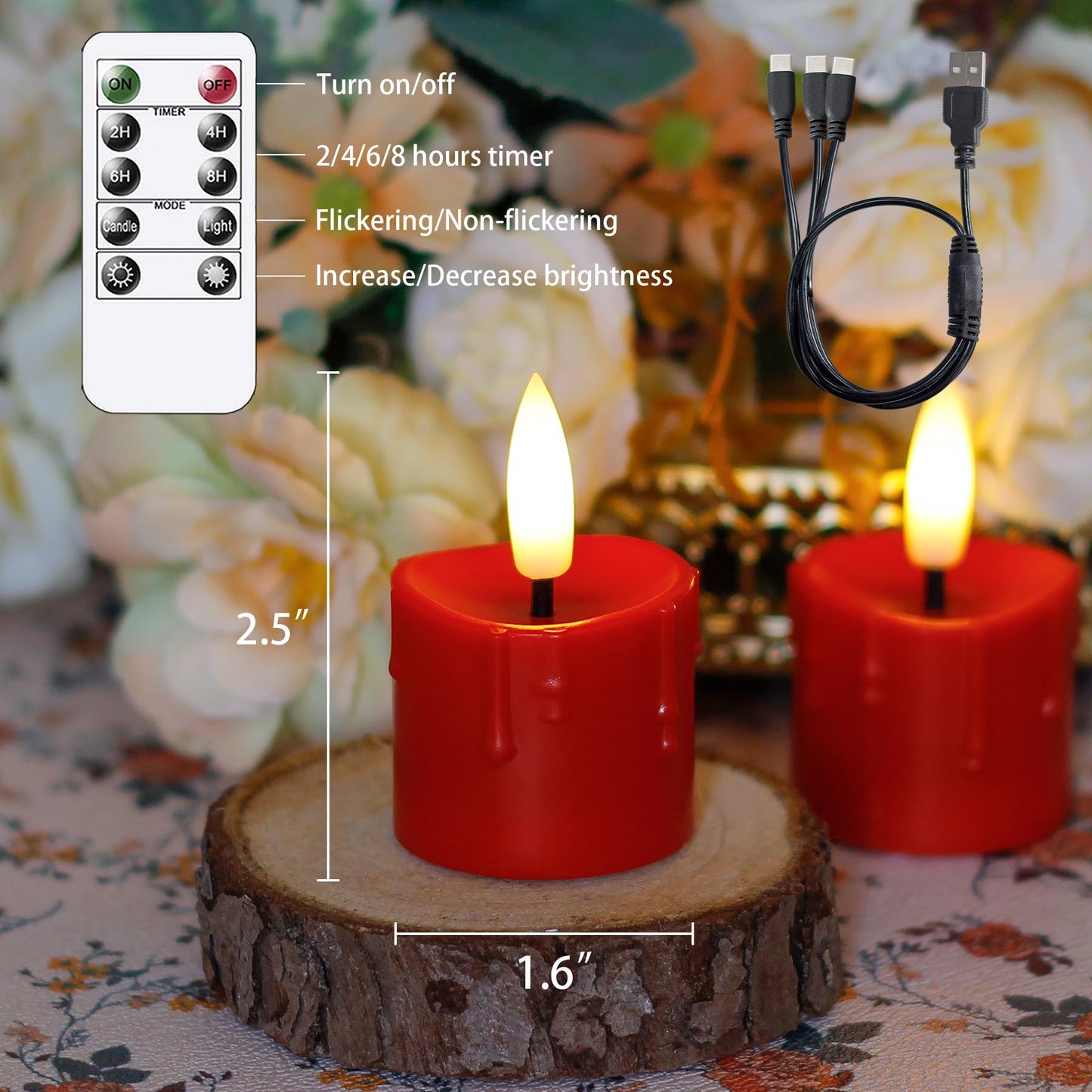 Yeelida Rechargeable Flameless 1.6" x2.5" Tea Light Candles with Remote & Type-C Charging Cable, Timer LED Flickering Burgundy Plastic 9pcs Mini Dripping Wax Votive Tealight Candles
