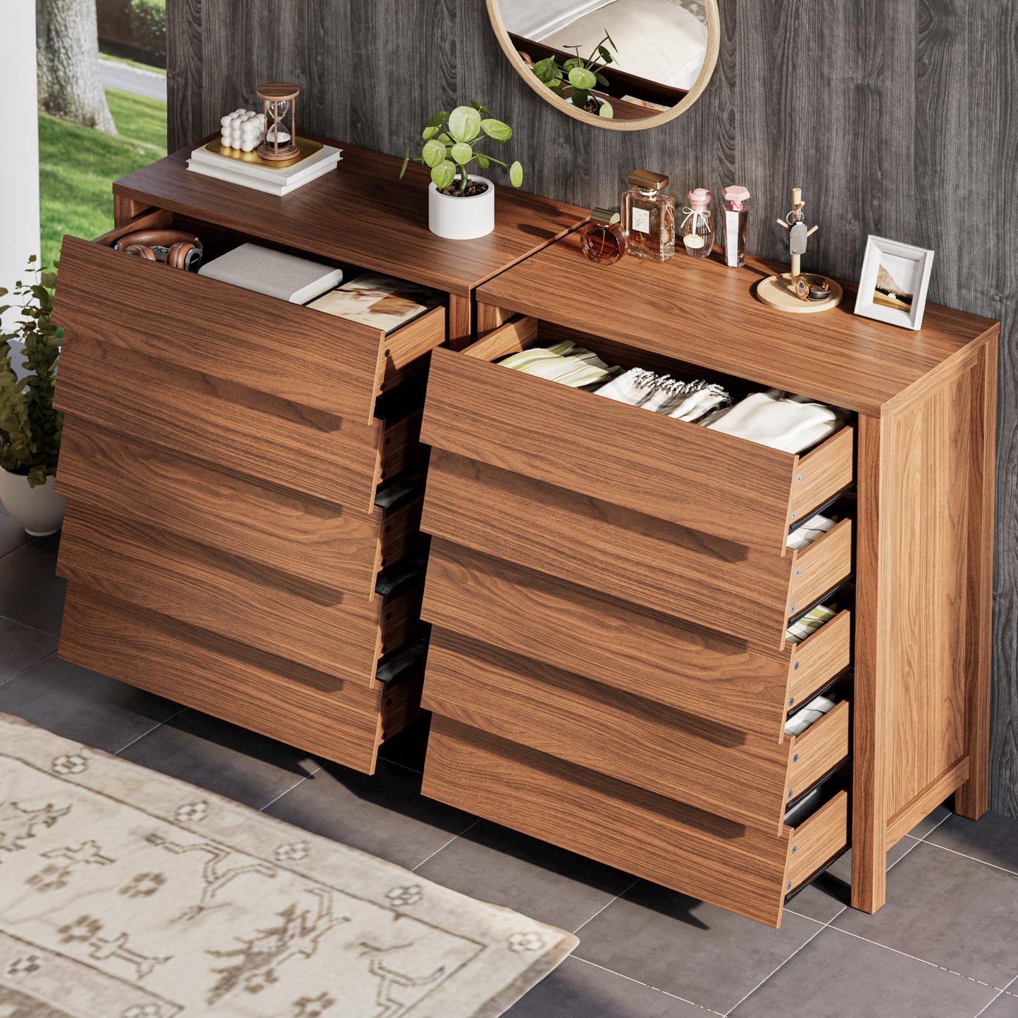 IRONCK 5 Drawer Dresser for Bedroom, Modern Chest of Drawers with Handleless Design, Wooden Tall Dresser Storage Cabinet Bedroom Furniture for Living Room, Hallway, Closet, Walnut