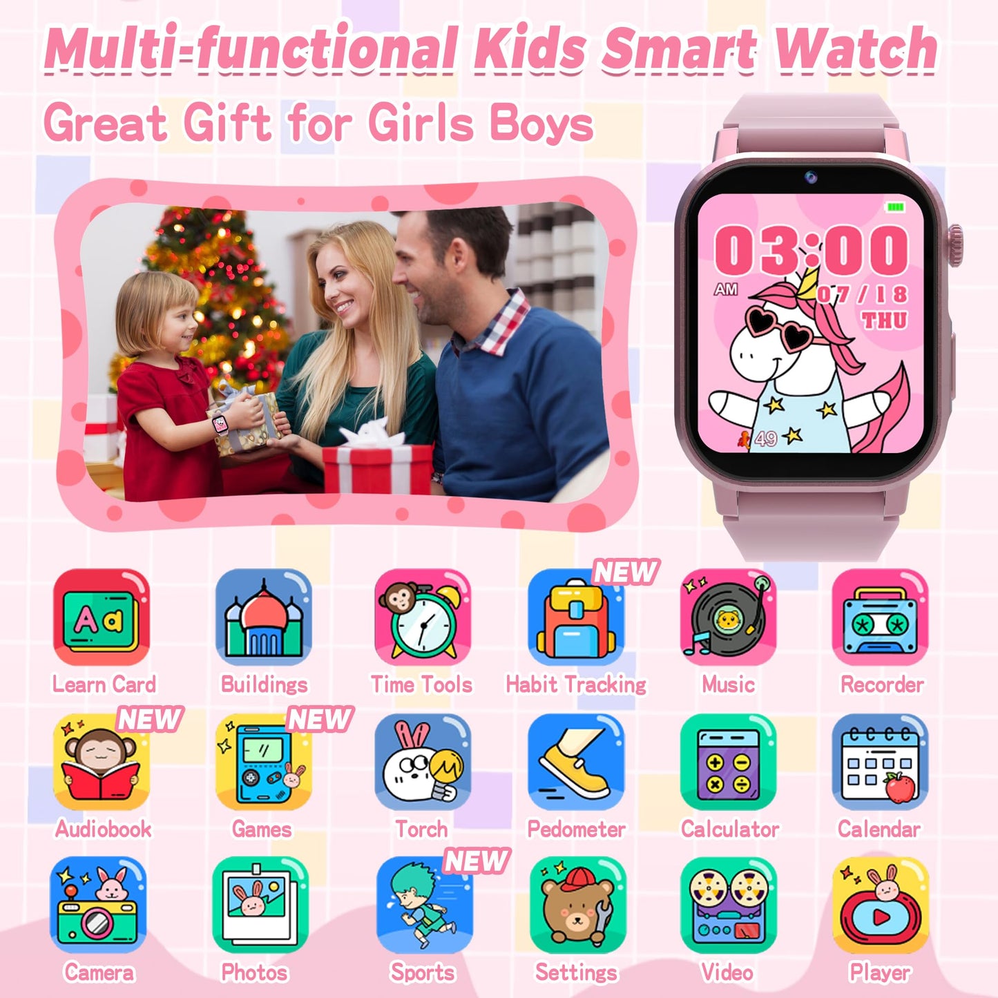 Kids Smart Watch Gifts for Girls Age 3-12, 32 Games HD Touch Screen Kids Watch with Camera Video Music Audiobook Pedometer Flashlight 12/24 hr Educational Toys Birthday Gift for Girls Ages 6 7 8 9 10