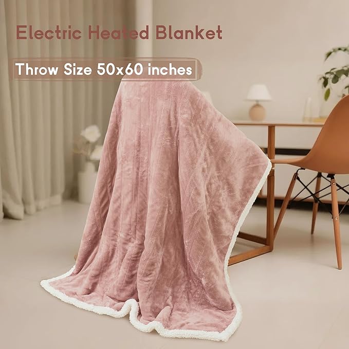 Heated Blanket Electric Throw Size 50''x60'' with 9 Heating Levels, 3 Hour Auto Shut Off, Machine Washable, Flannel & Sherpa Double-Sided Soft Warming Blanket for Couch, Bed, Office - Cozy Pink