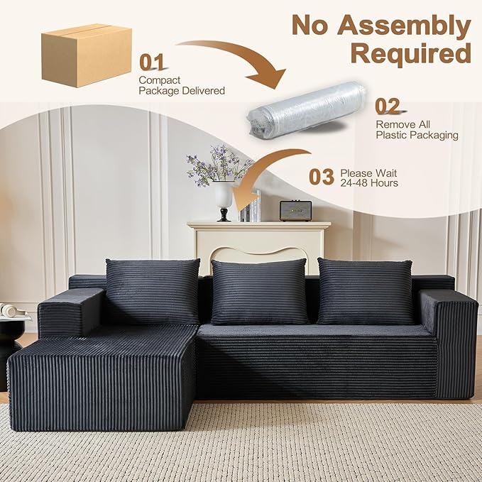 ANONER 103" Modular Sectional Sofa, L-Shaped Cloud Couch with Chaise, Corner Sofa with Deep Seat, Modern Minimalist Boneless Couch, Sectional Couches for Living Room, Apartment (Dark Grey)