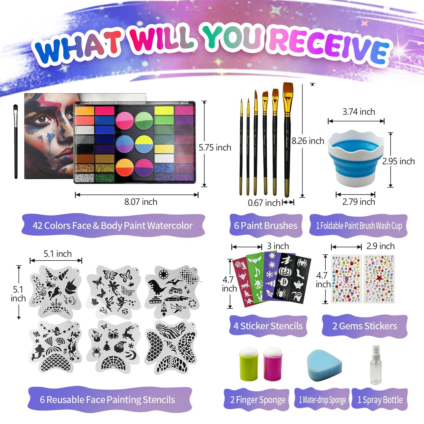 Professional Face Painting Kit for Kids,42 Color Water Activated Face Paint with Stencils,Brush,Wash Cup,Spray Bottle for Halloween, Parties, Carnival, School Event & Festivals (44-Color)