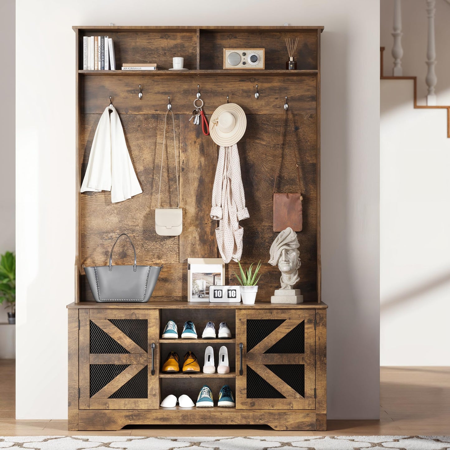 Gizoon Hall Tree with Storage Bench, 5-in-1 Entryway Bench with Coat Rack, Shoe Cubbies, Coat Hooks and Barn Door, Shelf for Foyer, Mudroom,Retro