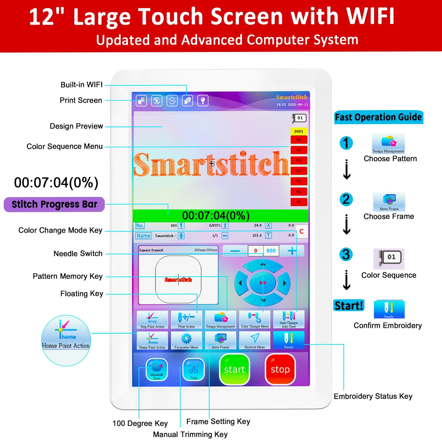 Smartstitch S1501 Plus Beast Embroidery Machine with 15 Needles,24"x16" Large Embroidery Area,1200SPM Max Speed,12" Touch Screen, Wifi available, capable of embroidering on Cap, T-shirt, Flat and more