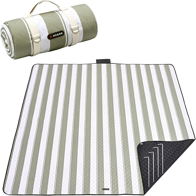 HX&OD Outdoor Picnic Blanket Extra Large, 80''*60'' Waterproof Picnic Mat with Stakes Foldable Camping Blanket Portable wi...