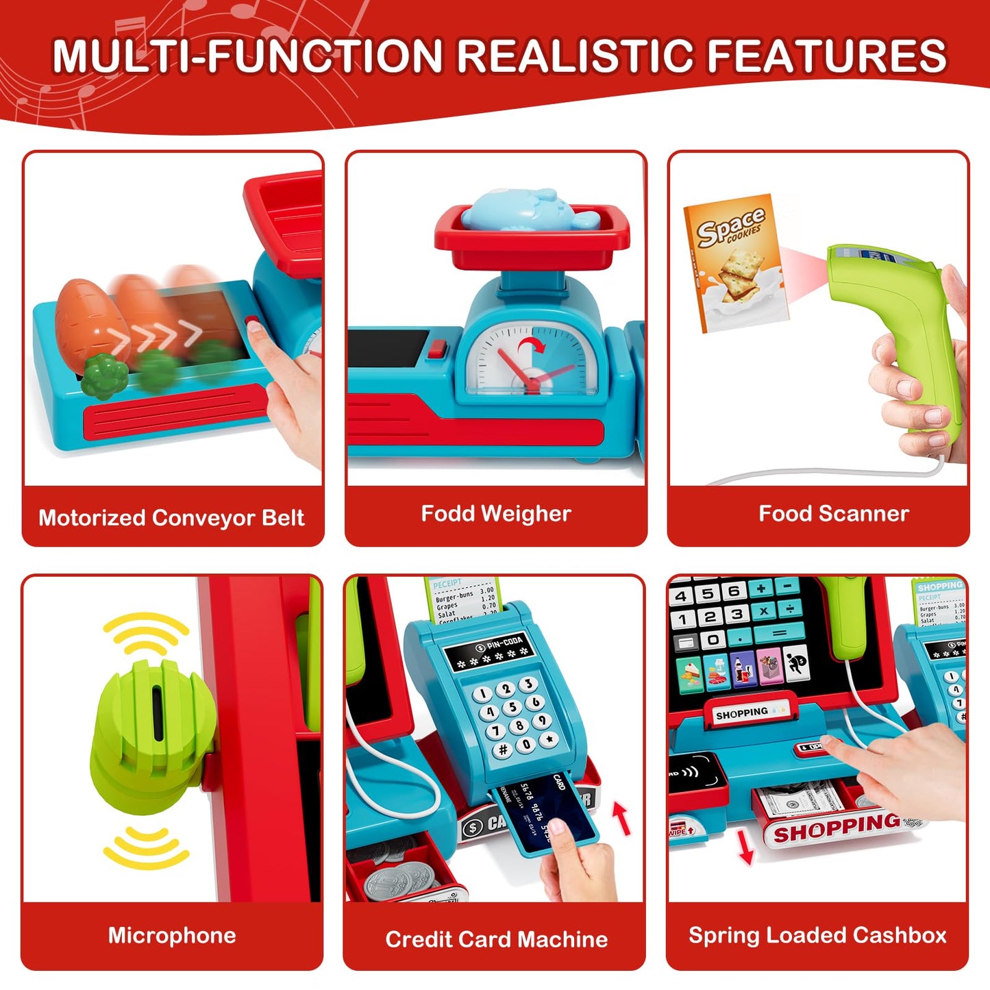 Wee Wonders 63PCS Cash Register for Kids, Kids Cash Register with Real Calculator, Pretend Play Store with Music/Motorized Conveyor/Play Money/Food Toys, Learning Toys for Boys Girls 3+, Red