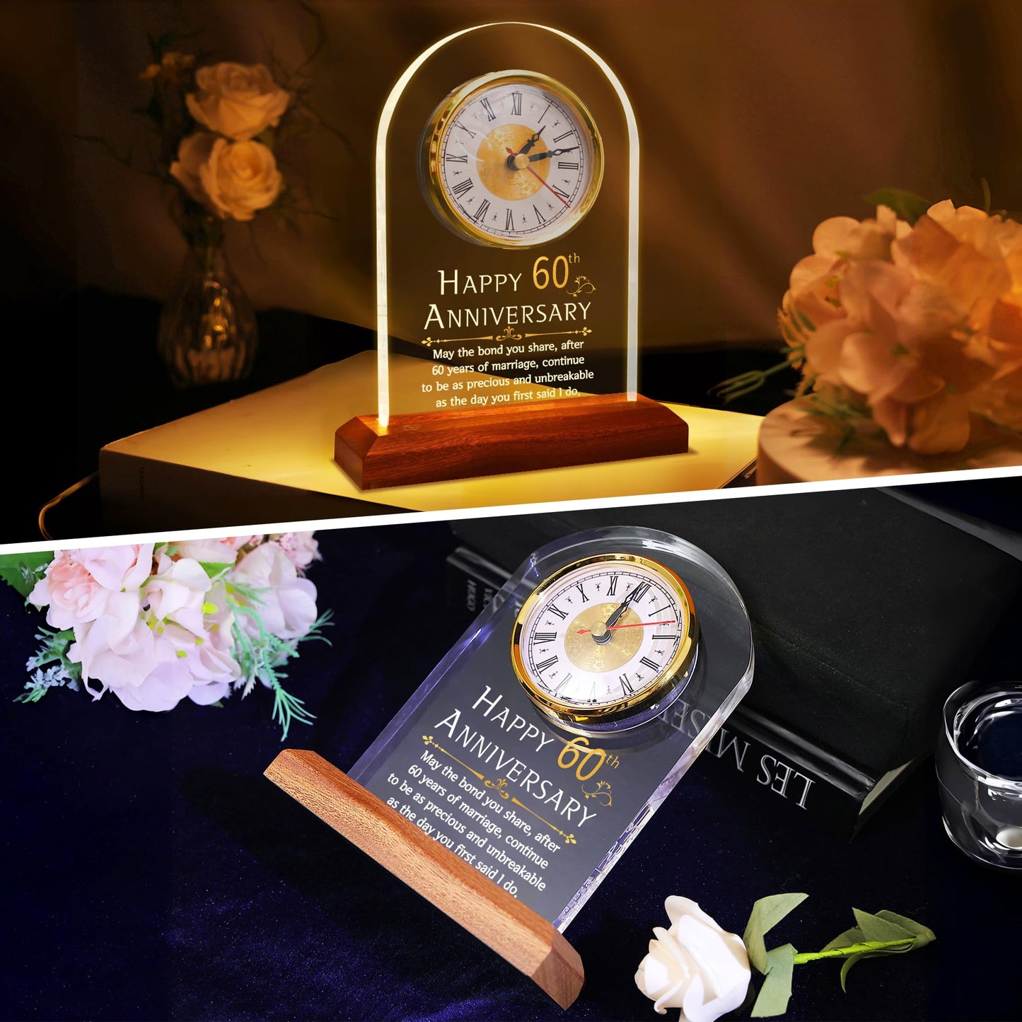 FULLOSUN 60th Anniversary Wedding Gift, Desk Table Clock, Anniversary Quartz Clock, 60 Years of Marriage, Diamond Wedding for Couple, Parents, Grandparents (60th)