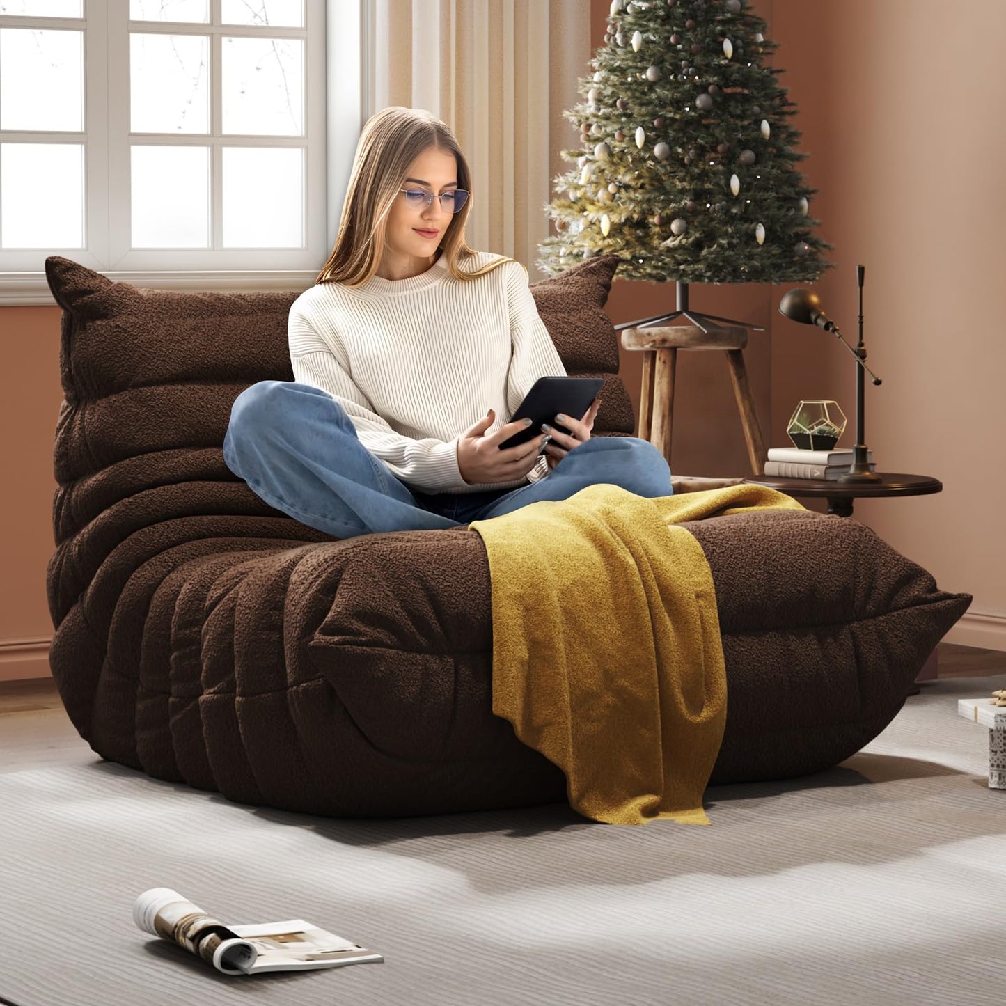 Bean Bag Chair, Fireside Chair, Large Bean Bag Chair for Adults, Bean Bag Chairs for Teens with High-Resilience Foam, Non-Slip Base Floor Lounge Sofa,Living Room (Coffee, Single)
