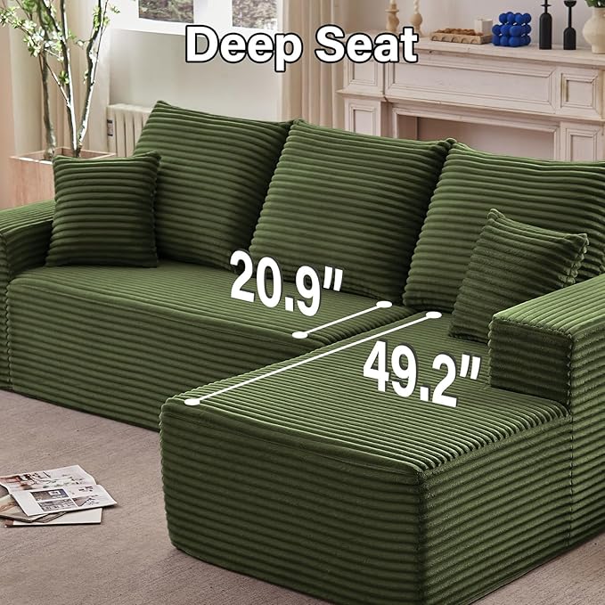 107" W Cloud Sectional Couch with L-Shape Chaise, Modern Corduroy Boneless Couch for Living Room,Memory Foam Sofa with Deep Seat,No Assembly Required (Green,Right-Facing Chaise)