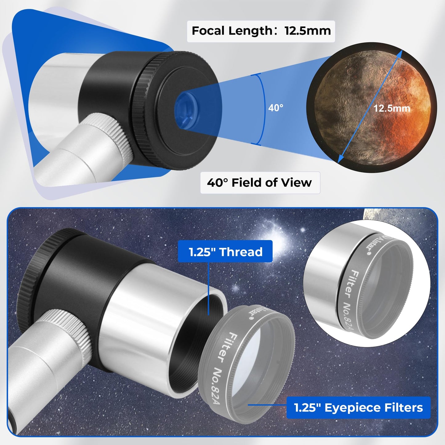 Alstar Illuminated Reticle Plossl Telescope Eyepiece - 12.5Mm Crosshair Eyepiece With Adjustable Led Illumination Reticle Focus