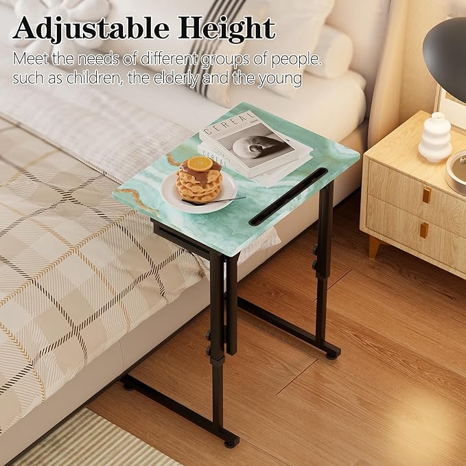 Adjustable Height Tv Tray Table,Portable Folding Tv Tray Dinner Snack Trays Table,Small Foldable C-Shaped End Table for Eating,Slide Under Couch Side with Sturdy MDF Top,No Assembly(Sea Blue+Black)