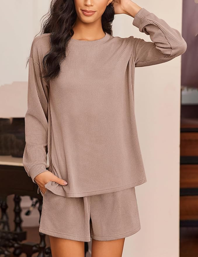 Ekouaer 2 Pieces Lounge Set for Women Long Sleeve Pajamas Top and Shorts Matching Sets Outfits with Pockets