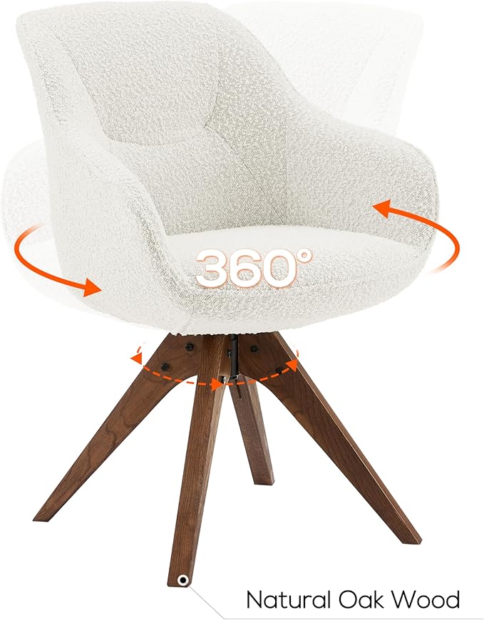 Art Leon Dining Chair, Mid Century Modern Boucle Fabric Upholstered Swivel Dining Room Chair with Oak Wood Legs, Leisure Side Chair with Arms for Living Room, White