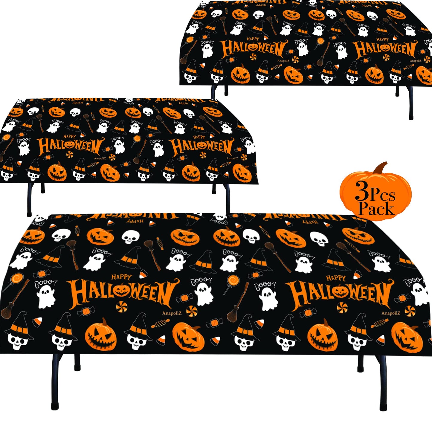 AnapoliZ Halloween Plastic Tablecloth | 3 Pcs Pack (54' x 102') | Rectangular Table Cover | Pumpkin, Witches Decoration | Party Tablecover