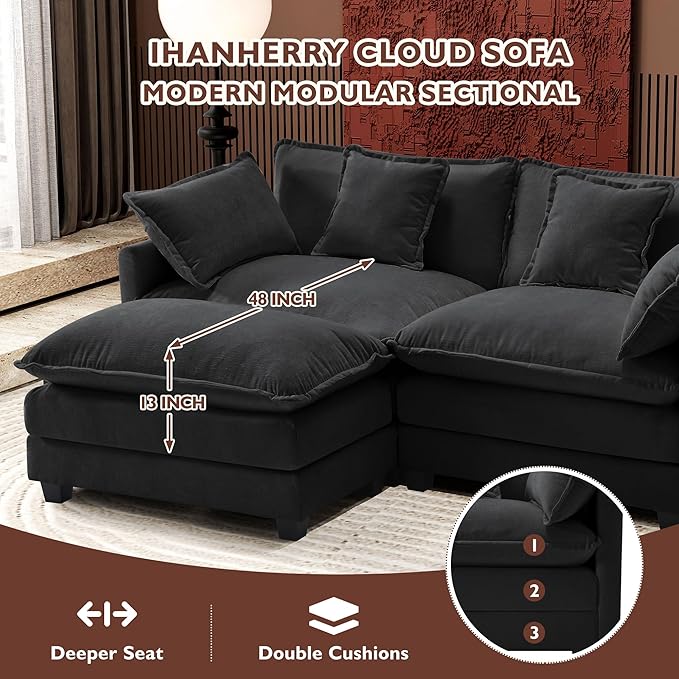 Ihanherry 77" L Shaped Modern Sofa Modular Sectional Cloud Couch with Ottoman, 3-Seat Chenille Deep Seat Sofa with Pillow for Living Room, Bedroom and Apartment, Black
