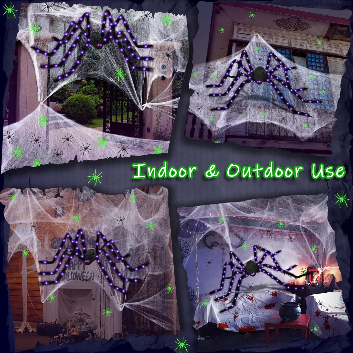 Yinhua Lighted Halloween Decorations 78" Giant Light Up Spider Halloween Decor 700 Sqft Super Stretchy Spider Web Decoration with 30 Extra Small Fake Spiders Large Cobwebs for Indoor and Outdoor