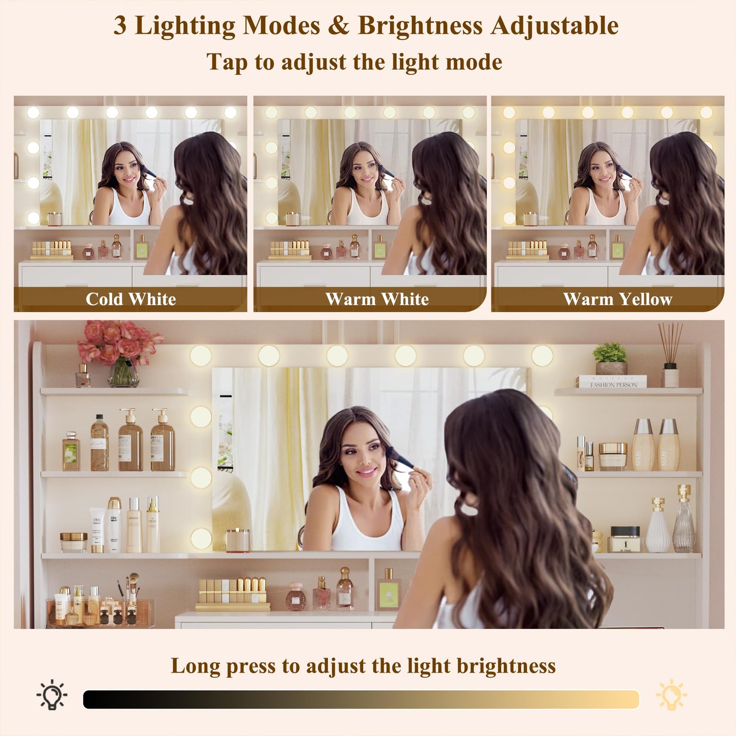 HUAHUU Large Vanity Desk with Mirror & Lights, White Makeup Vanity with 8 Drawers & 6 Storage Shelves, Vanity Set with LED Lights and Power Outlet, 3 Lighting Modes, Adjustable Brightness