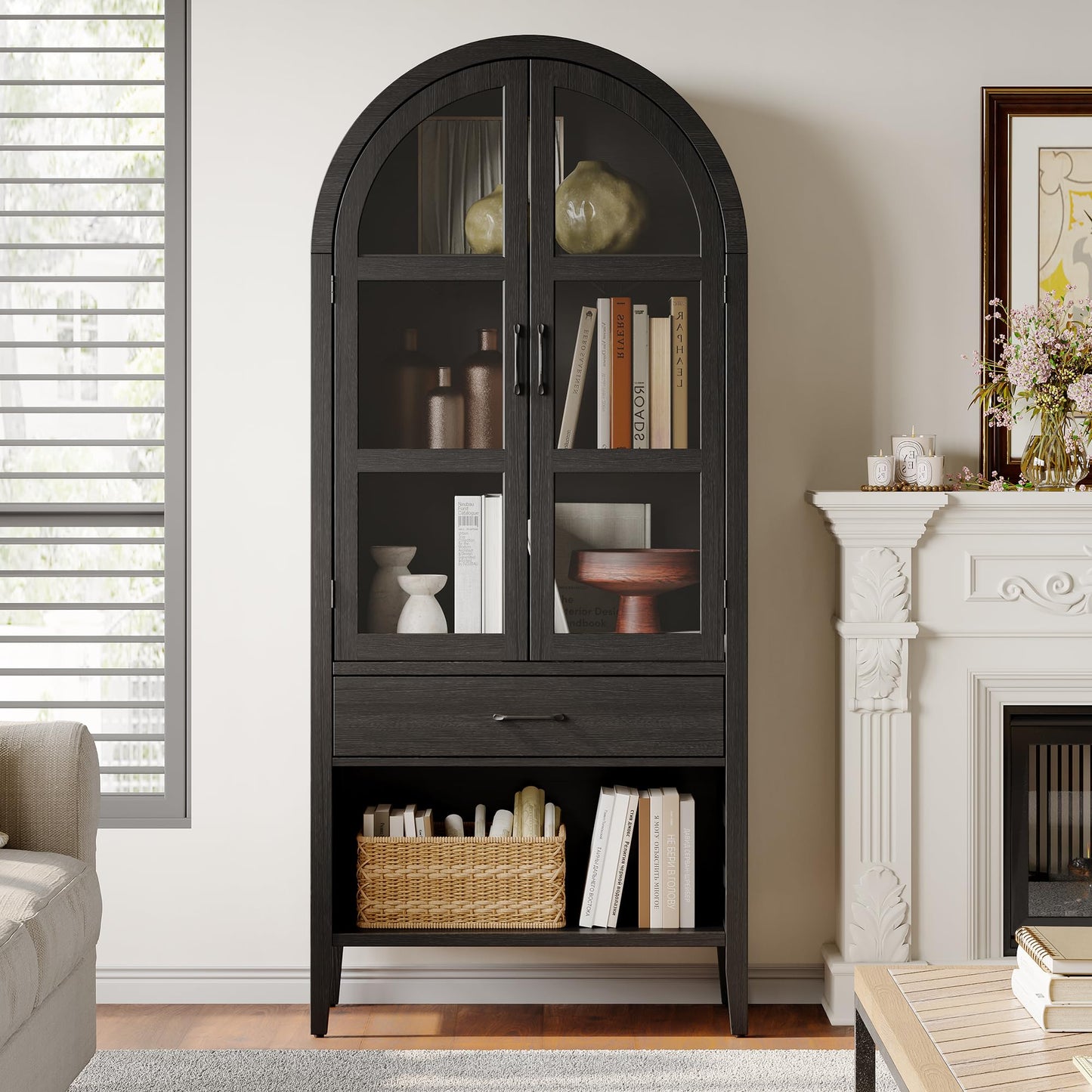 ONBRILL 71" Tall Arched Wine Bar Cabinet with Storage, Bar Cabinets with Doors and Shelves, Liquor Cabinet for Home, Kitchen Pantry for Dining Living Room (Black)