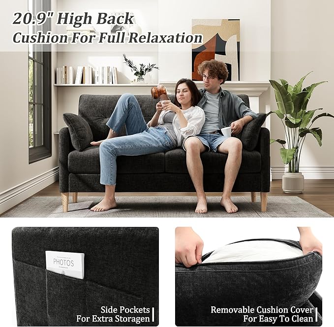 Hanherry Loveseat Sofa, 64.6" Small Couch for Living Room, Comfy Chenille Fabric Love Seat for Bedroom with Throw Pillow,Removable Cushion Cover,Couches for Small Space,Apartment,Dorm