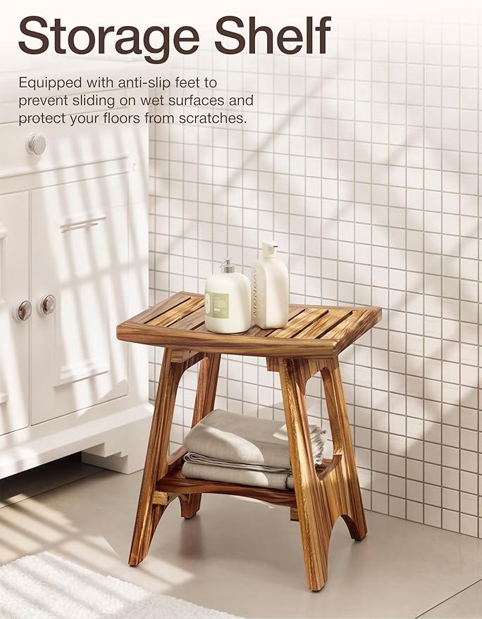 HOLANA 18" Teak Shower Bench for Inside Shower - 450LBS Capacity Wooden Shower Stool Benches Waterproof for Shaving Legs - Bench Seat with Storage Towel Shelf for Bathroom - Tub Bench Chair Spa Bath