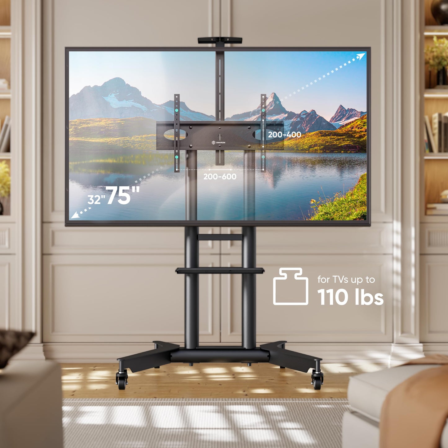 ONKRON Mobile TV Stand on Wheels for 32-75 Inch Screen, max Load 132 lbs, Height Adjustable TV Portable Stand, max VESA 600x400, Movable TV Cart Rolling TV Stand with Shelf, Lockable Wheels Black