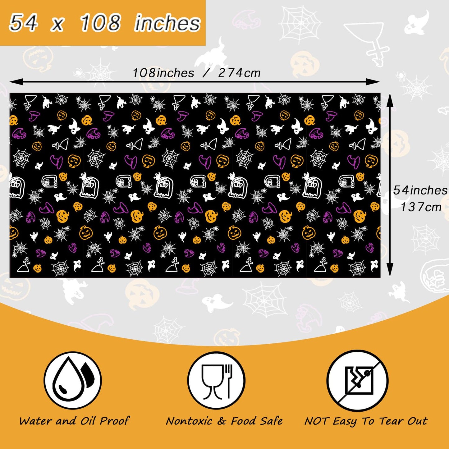Plastic Spider Web Tablecloth - Disposable Halloween Table Cover for Haunted House Decorations - Black Rectangle - Tabletop Decor (54" x 108")